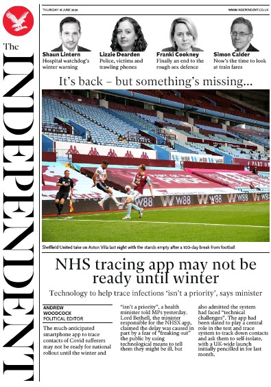 The Independent Newspaper Front Page for 18 June 2020