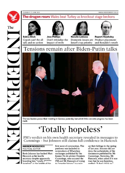 The Independent (UK) Newspaper Front Page for 18 June 2021