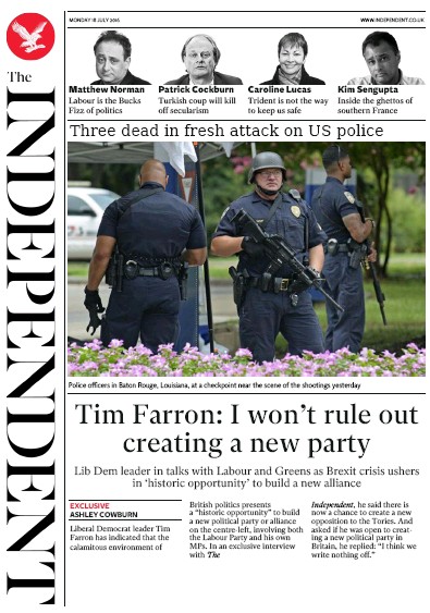 The Independent Newspaper Front Page for 18 July 2016