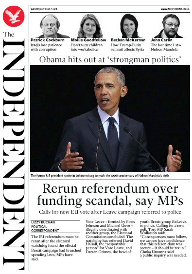 The Independent Newspaper Front Page for 18 July 2018