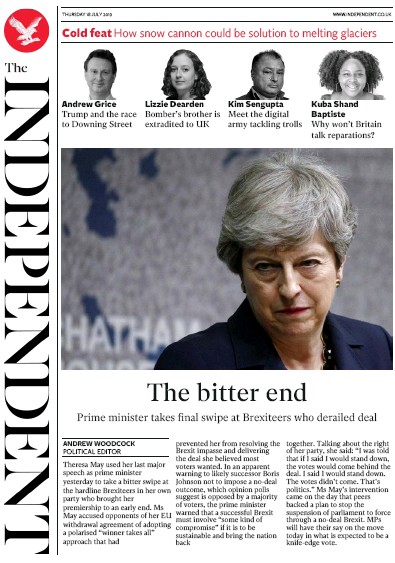 The Independent Newspaper Front Page for 18 July 2019