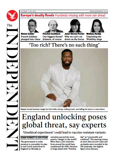 The Independent (UK) Newspaper Front Page for 18 July 2021