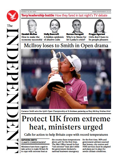 The Independent Newspaper Front Page for 18 July 2022