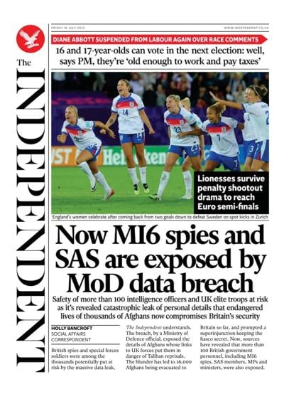 The Independent (UK) Newspaper Front Page for 18 July 2025