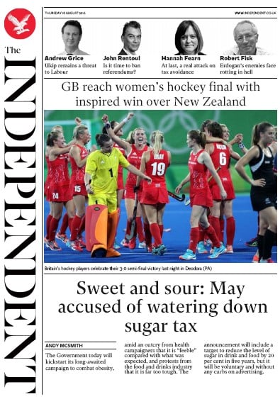 The Independent Newspaper Front Page for 18 August 2016