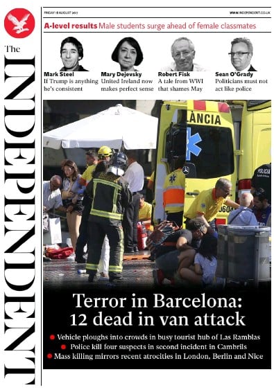 The Independent Newspaper Front Page for 18 August 2017