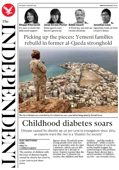 The Independent Newspaper Front Page for 18 August 2018