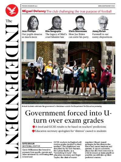 The Independent (UK) Newspaper Front Page for 18 August 2020
