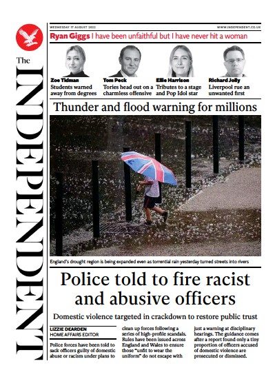 The Independent (UK) Newspaper Front Page for 18 August 2022