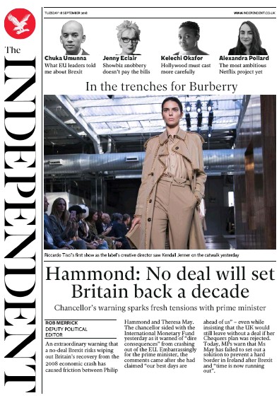 The Independent Newspaper Front Page for 18 September 2018
