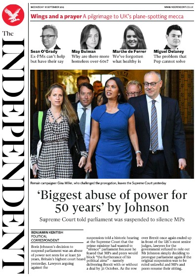 The Independent Newspaper Front Page for 18 September 2019