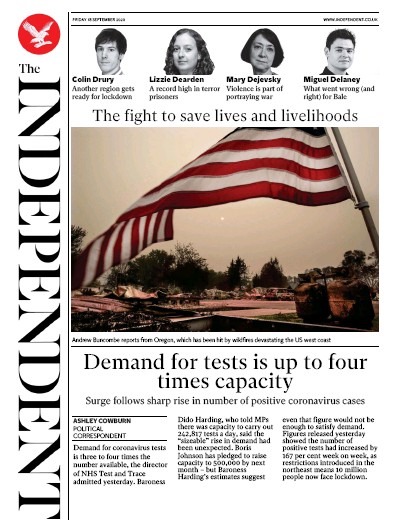 The Independent Newspaper Front Page for 18 September 2020