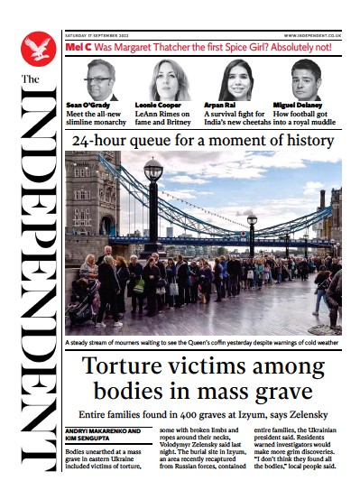 The Independent (UK) Newspaper Front Page for 18 September 2022