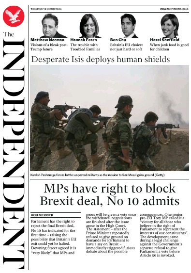 The Independent Newspaper Front Page for 19 October 2016