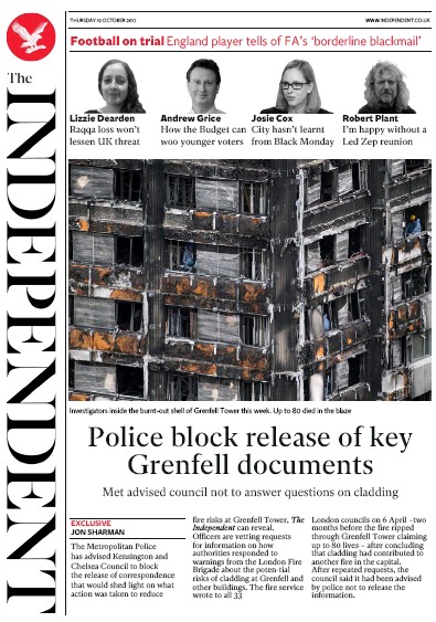 The Independent Newspaper Front Page for 19 October 2017