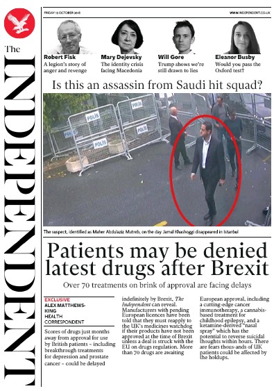 The Independent Newspaper Front Page for 19 October 2018