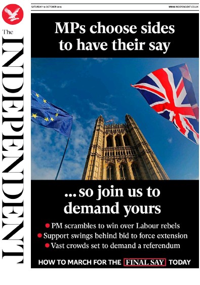 The Independent Newspaper Front Page for 19 October 2019