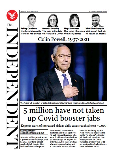 The Independent (UK) Newspaper Front Page for 19 October 2021