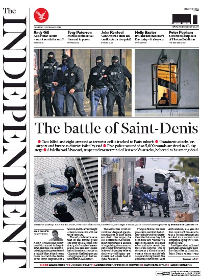The Independent (UK) Newspaper Front Page for 19 November 2015