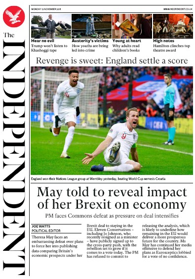 The Independent Newspaper Front Page for 19 November 2018