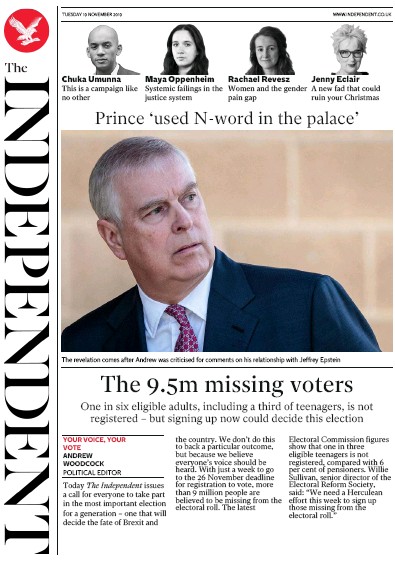 The Independent Newspaper Front Page for 19 November 2019