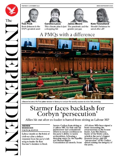 The Independent Newspaper Front Page for 19 November 2020