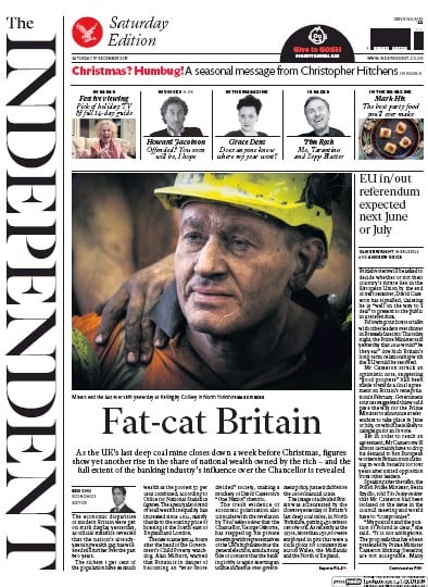 The Independent (UK) Newspaper Front Page for 19 December 2015