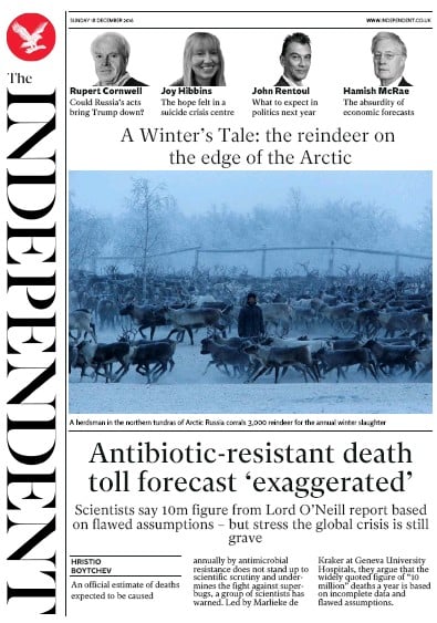The Independent Newspaper Front Page for 19 December 2016