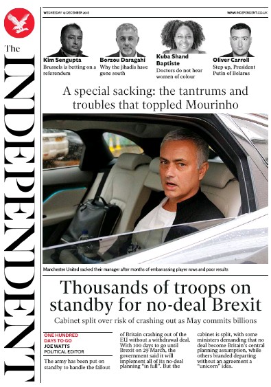 The Independent Newspaper Front Page for 19 December 2018