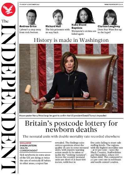 The Independent Newspaper Front Page for 19 December 2019