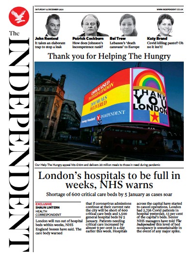 The Independent (UK) Newspaper Front Page for 19 December 2020