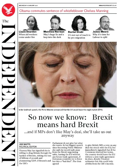 The Independent Newspaper Front Page for 19 January 2017