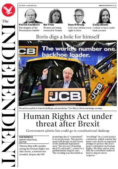 The Independent Newspaper Front Page for 19 January 2019
