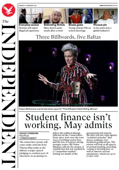 The Independent Newspaper Front Page for 19 February 2018