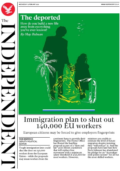 The Independent Newspaper Front Page for 19 February 2020