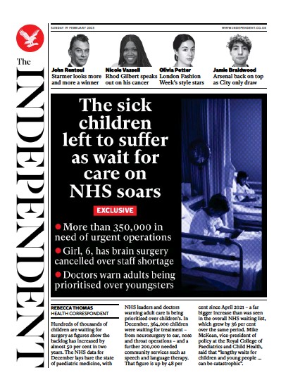 The Independent (UK) Newspaper Front Page for 19 February 2023