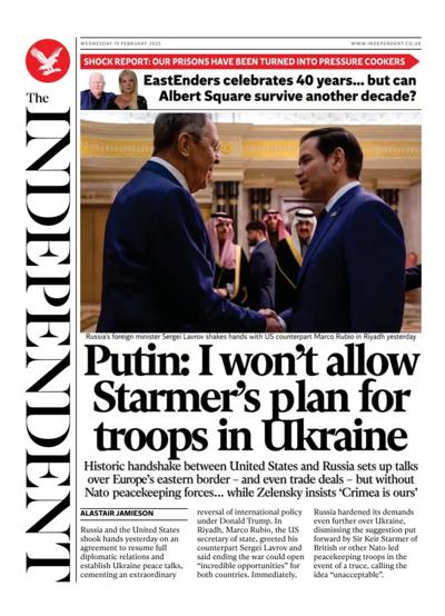 The Independent (UK) Newspaper Front Page for 19 February 2025