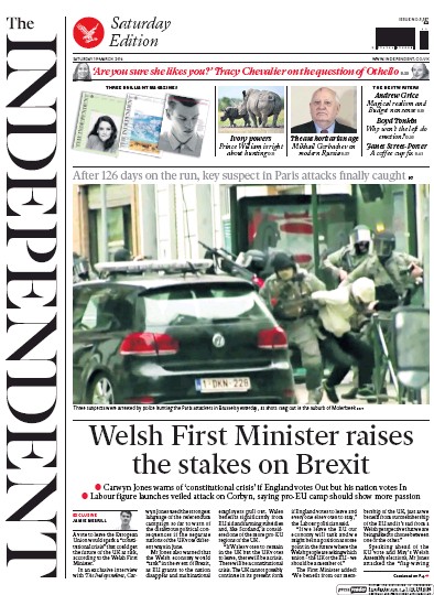 The Independent (UK) Newspaper Front Page for 19 March 2016