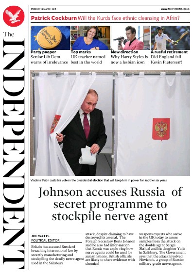 The Independent Newspaper Front Page for 19 March 2018