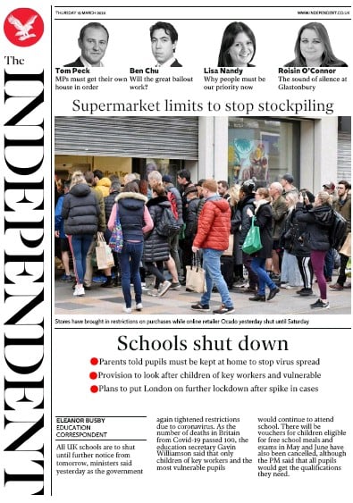 The Independent Newspaper Front Page for 19 March 2020