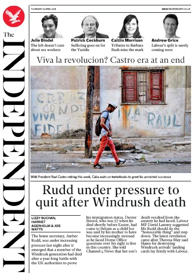 The Independent Newspaper Front Page for 19 April 2018