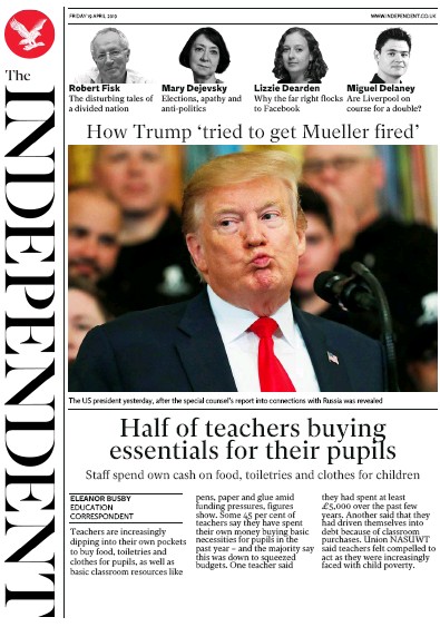 The Independent Newspaper Front Page for 19 April 2019