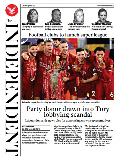 The Independent (UK) Newspaper Front Page for 19 April 2021