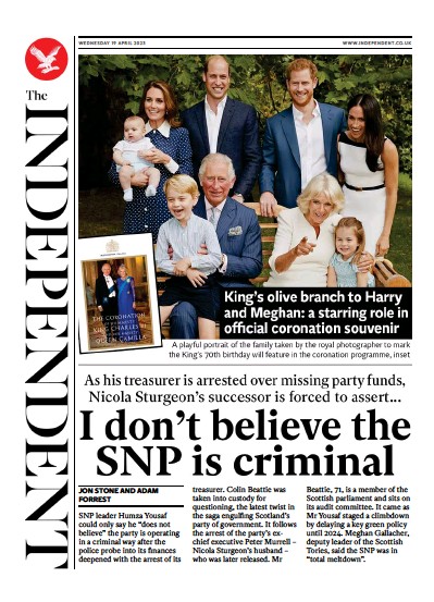 The Independent (UK) Newspaper Front Page for 19 April 2023