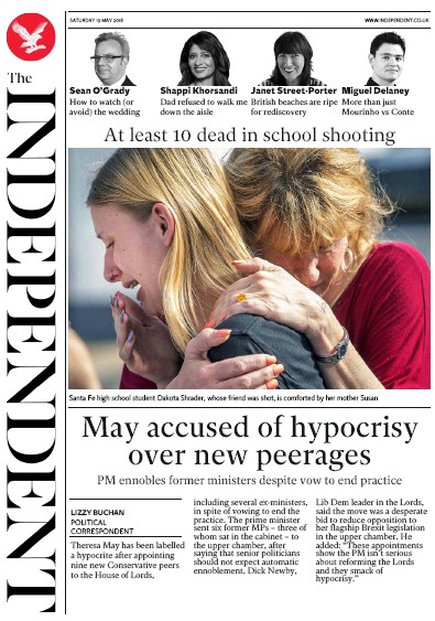 The Independent (UK) Newspaper Front Page for 19 May 2018