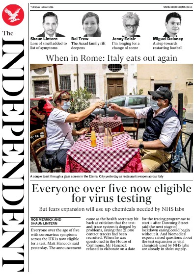 The Independent Newspaper Front Page for 19 May 2020