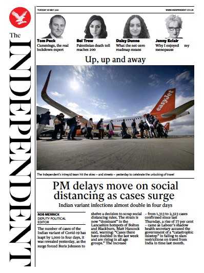 The Independent Newspaper Front Page for 19 May 2021