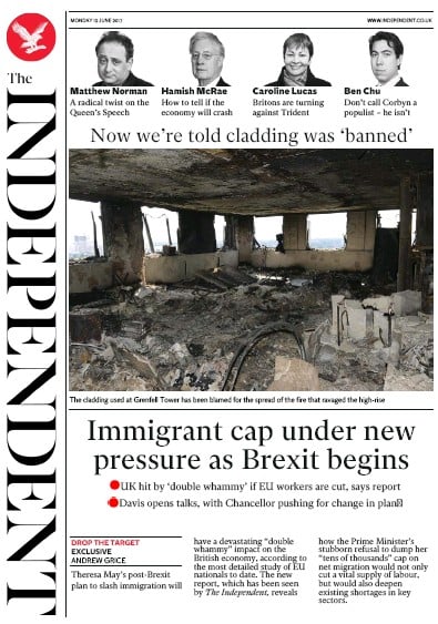 The Independent Newspaper Front Page for 19 June 2017