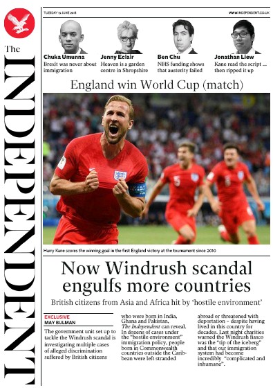 The Independent Newspaper Front Page for 19 June 2018