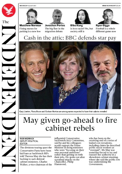 The Independent (UK) Newspaper Front Page for 19 July 2017
